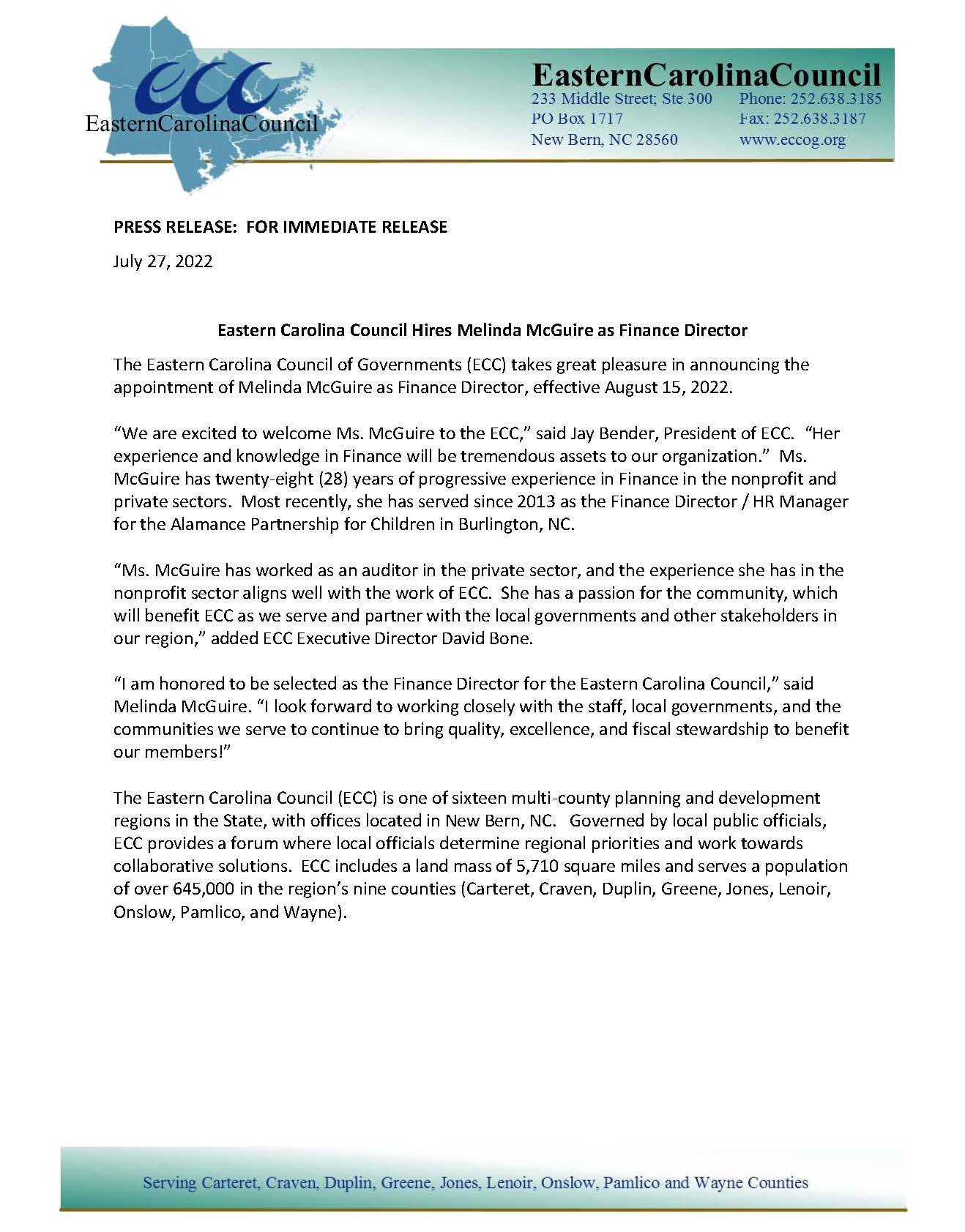 Press Release - ECC Hires Melinda McGuire as Finance Director - 22.07.27