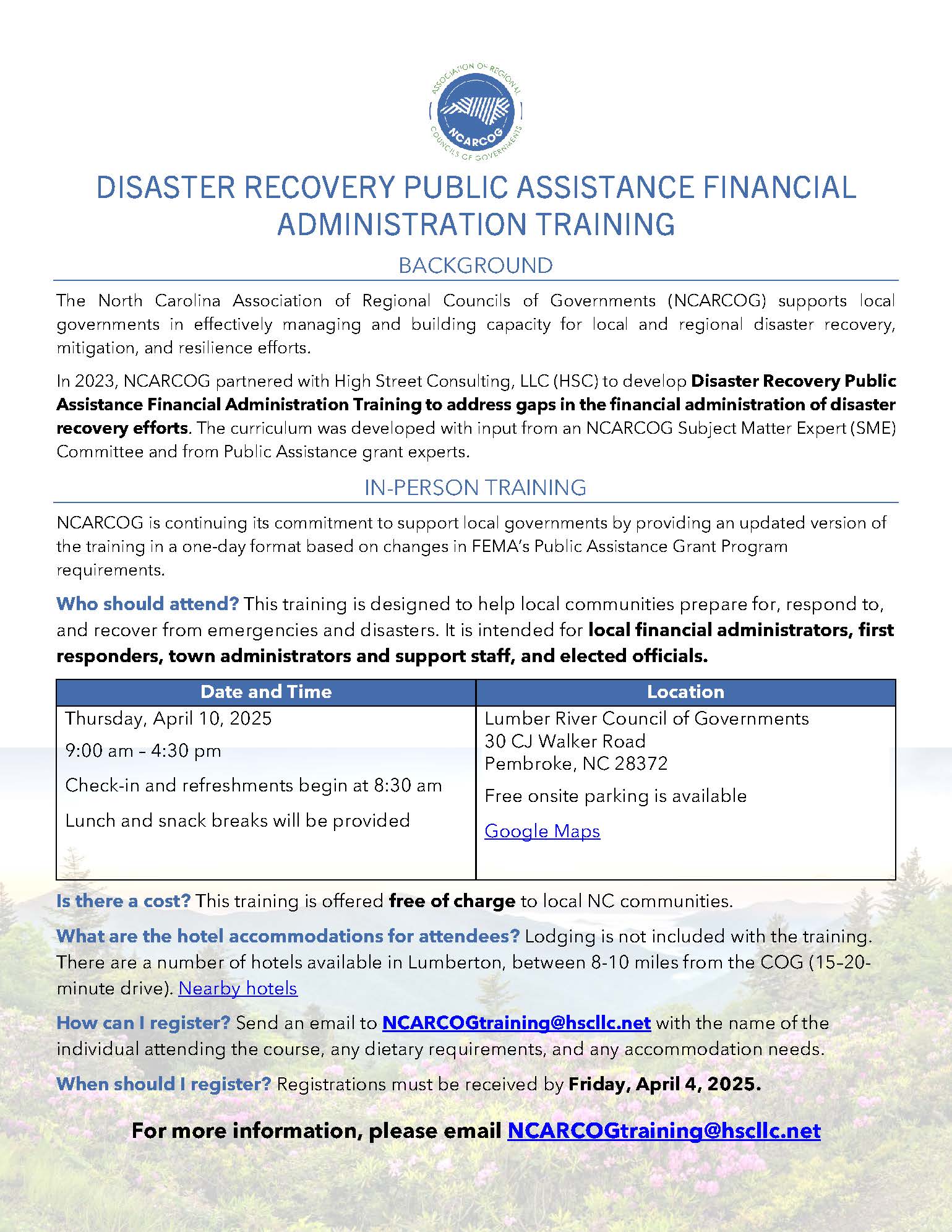 Disaster Recovery PA Financial Administration Training Flyer_Lumber River_041025